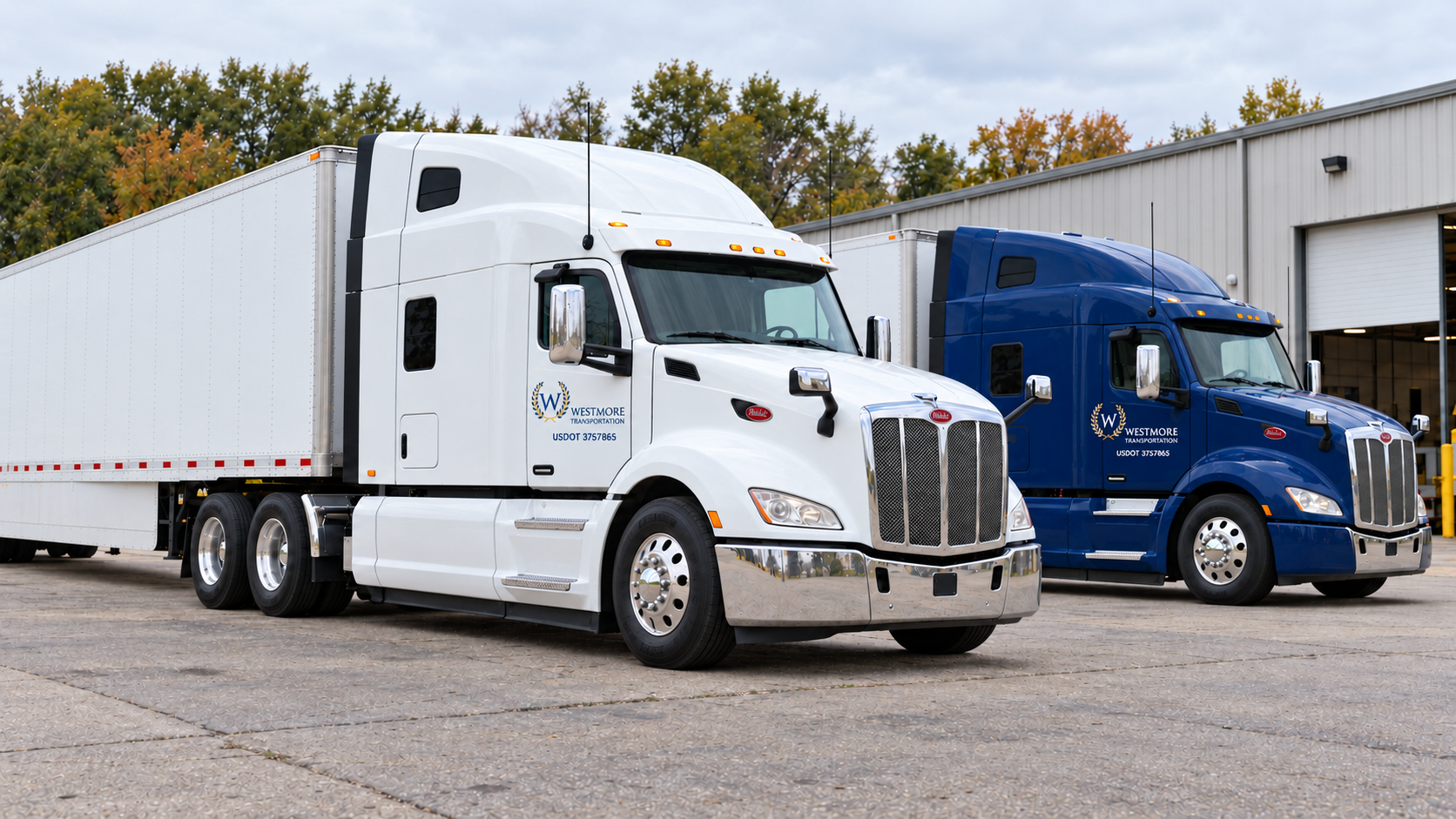 Illustration of Westmore-branded 2026-style American trucks at a shop